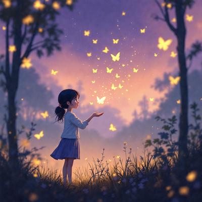 The primary subject of the image is a young girl standing in a field, surrounded by a beautiful and serene environment. She is holding a lantern, which is illuminating the area around her. The setting includes a forest with trees in the background, and the sky is filled with a multitude of butterflies flying by. The visual style of the image is a combination of digital art and illustration, creating a captivating and whimsical atmosphere. The colors and mood of the scene are predominantly warm and